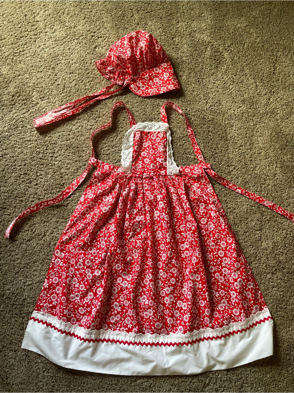 Vtg 70's Prairie Pinafore Apron Dress Bonnet Set Cottagecore Youth or Adult XS